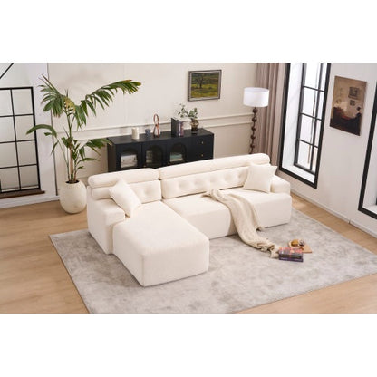 LY-029B WHITE COMPRESSION SOFA Combining Chaise Lounge With 3-seater  Wood Grain Chenille Fabric, Full Sponge Compression Sofa,combined Sofa With 2 Pillows For Living Home Furniture