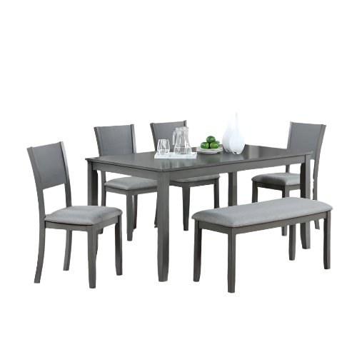 6 Piece Kitchen Dining Set, Rectangular Wooden Dining Table With 4 Upholstered Chairs And A Bench, Dining Table Set For 6 People, Living Room, Home Bar And Kitchen, Gray