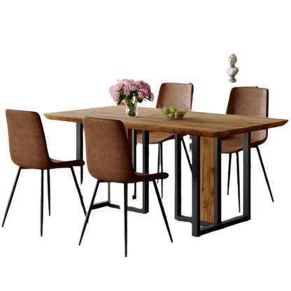 Table And Chair Set.67x36 Wood-Textured MDF Dining Table Set With 4 Brown Suede Chairs.MDF Sticker,Wood Colored Texture Sticker,Brown Armless Dining Chair,Suitable For Kitchen,Dining Room,etc.