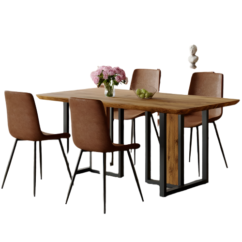Table And Chair Set.67x36 Wood-Textured MDF Dining Table Set With 4 Brown Suede Chairs.MDF Sticker,Wood Colored Texture Sticker,Brown Armless Dining Chair,Suitable For Kitchen,Dining Room,etc.