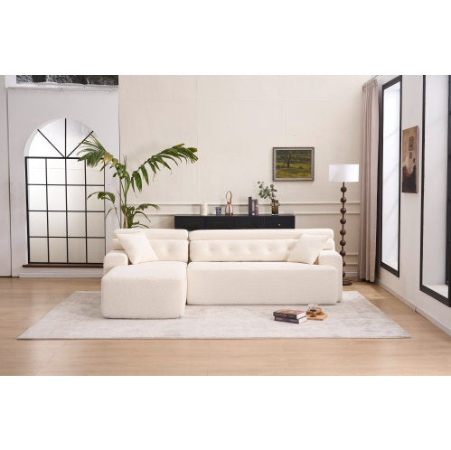 LY-029B WHITE COMPRESSION SOFA Combining Chaise Lounge With 3-seater  Wood Grain Chenille Fabric, Full Sponge Compression Sofa,combined Sofa With 2 Pillows For Living Home Furniture