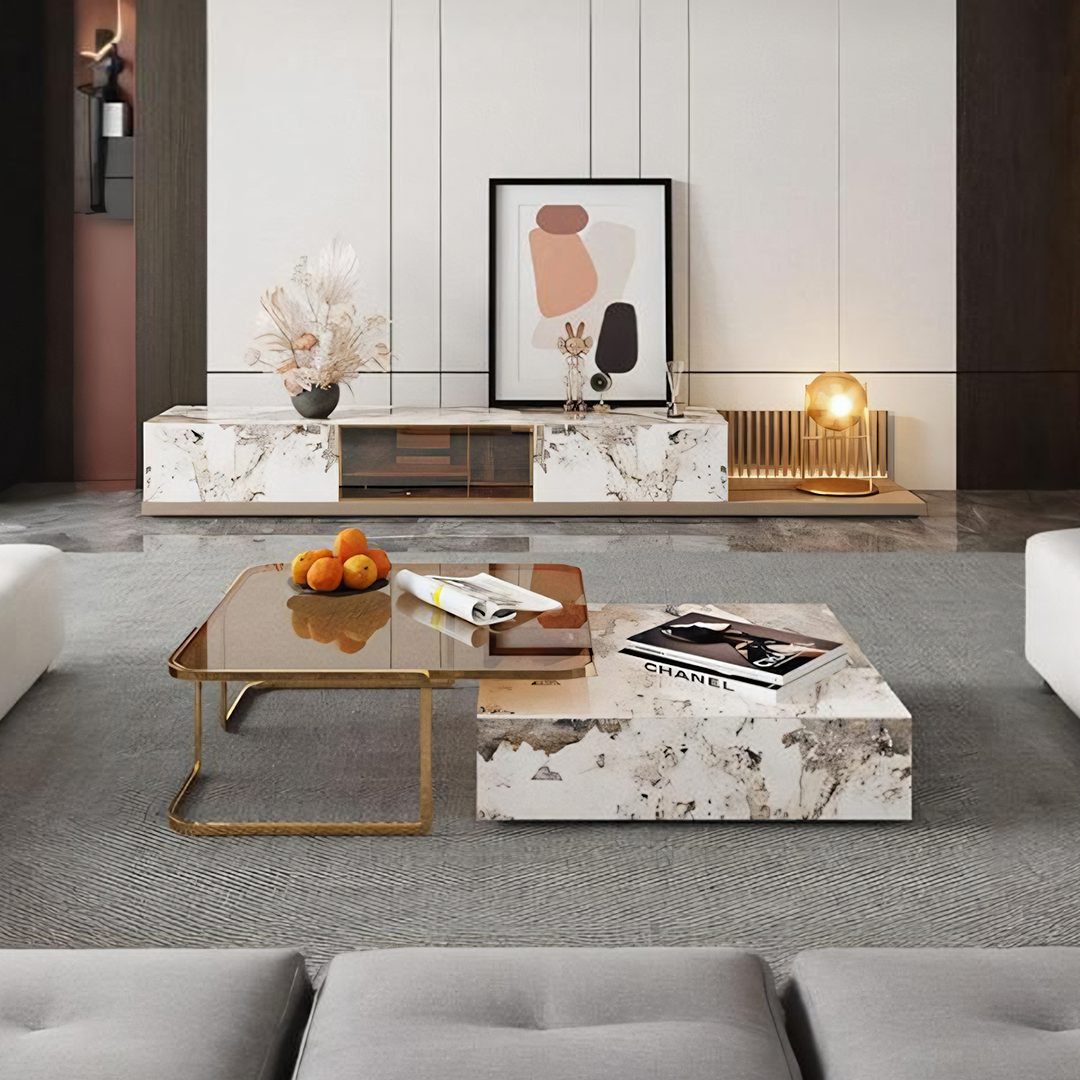 AnMoo Nesting Coffee Table Set With TV Stand, Golden Base-Weilai Concept-Weilai Concept