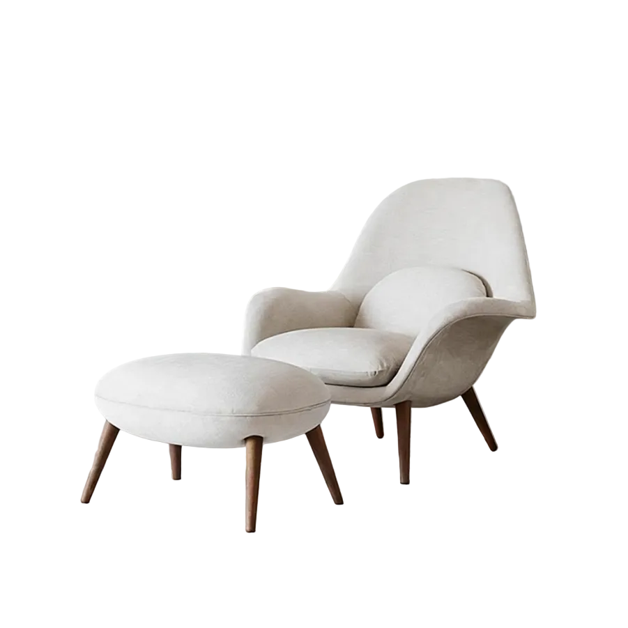 fredericia swoon armchair and footstool, velvet sideboard in dining room