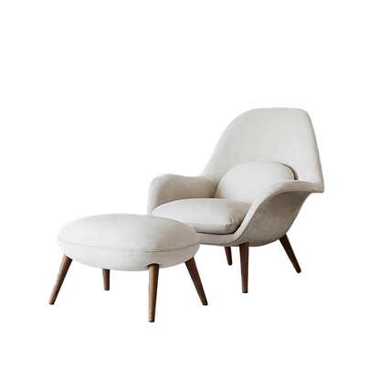 fredericia swoon armchair and footstool, velvet sideboard in dining room