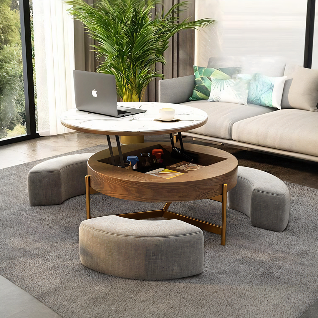 Josiah Round Lift-Top Coffee Table With 3 Small Benches, Linen-Weilai Concept-Weilai Concept