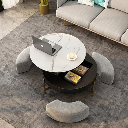 Josiah Round Lift-Top Coffee Table With 3 Small Benches, Linen-Weilai Concept-Weilai Concept