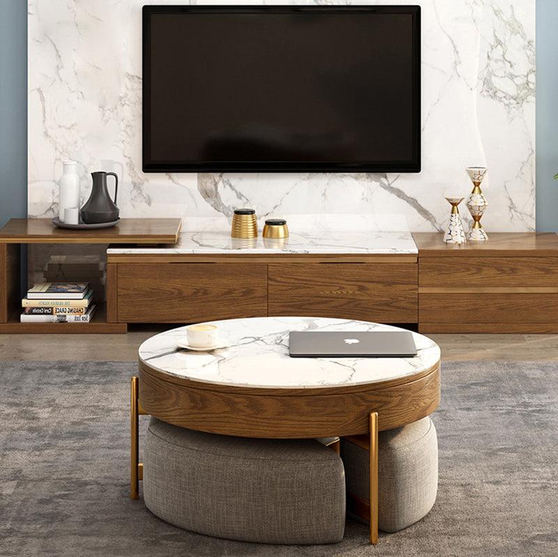 Josiah Round Lift-Top Coffee Table With 3 Small Benches, Linen-Weilai Concept-Weilai Concept