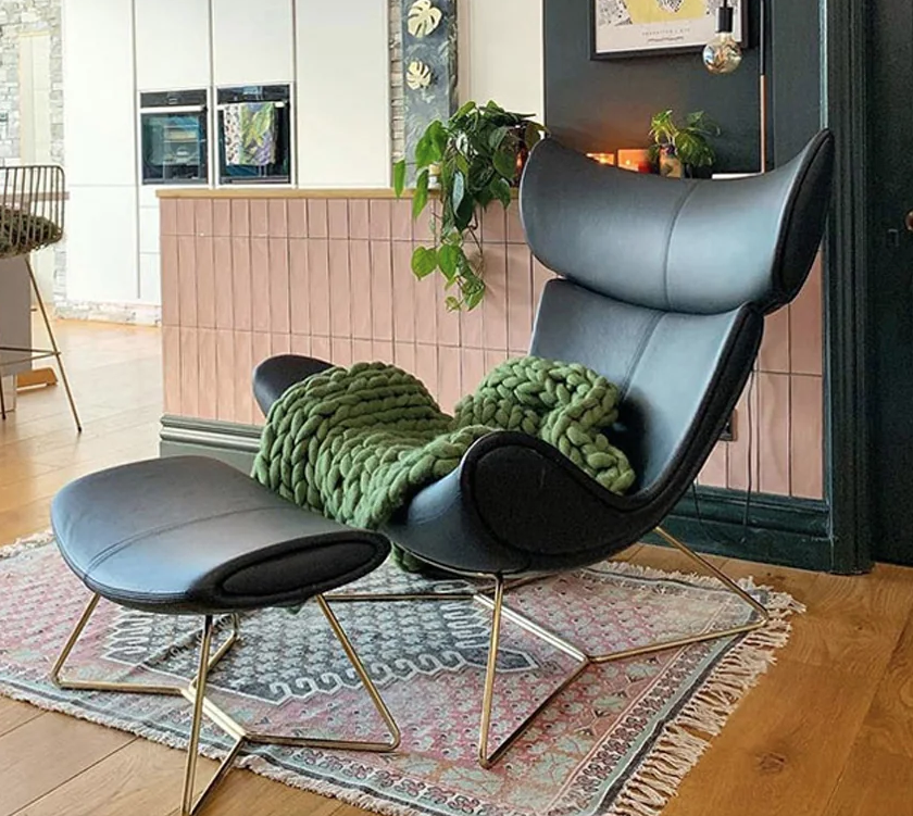 Imola Chair And Ottoman, Star Legs & Black Leather