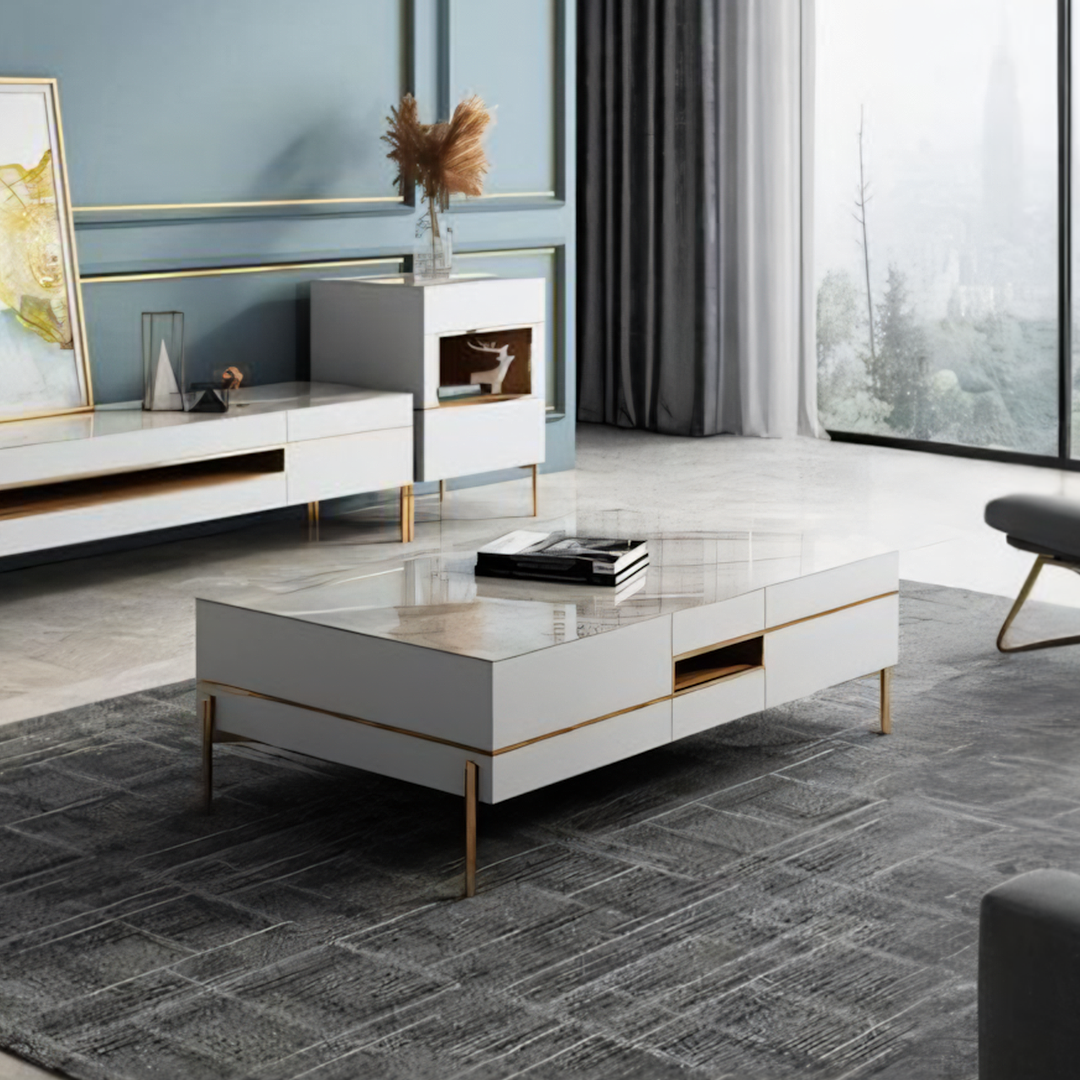 VIda Rectangle Coffee Table Set With TV Stand, Gold Leg-Weilai Concept-Weilai Concept