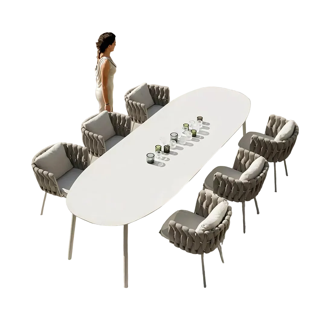 vallee rattan outdoor dining table set, table with six dining chairs in dining room