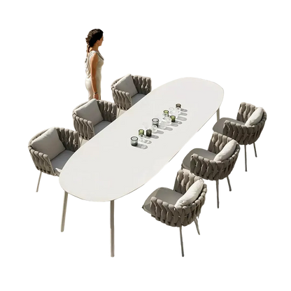 vallee rattan outdoor dining table set, table with six dining chairs in dining room