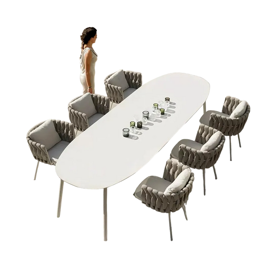 vallee rattan outdoor dining table set, table with six dining chairs in dining room
