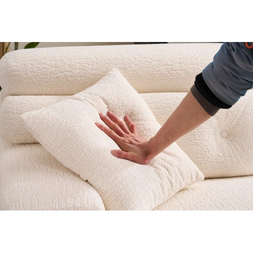 LY-029B WHITE COMPRESSION SOFA Combining Chaise Lounge With 3-seater  Wood Grain Chenille Fabric, Full Sponge Compression Sofa,combined Sofa With 2 Pillows For Living Home Furniture