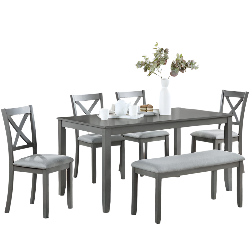 6 Piece Kitchen Dining Set, Rectangular Wooden Dining Table With 4 Upholstered Chairs And A Bench, Dining Table Set For 6 People, Living Room, Home Bar And Kitchen, Gray