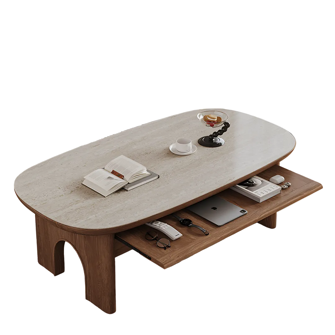 saito coffee table with storage, wood, oval coffee table in living room