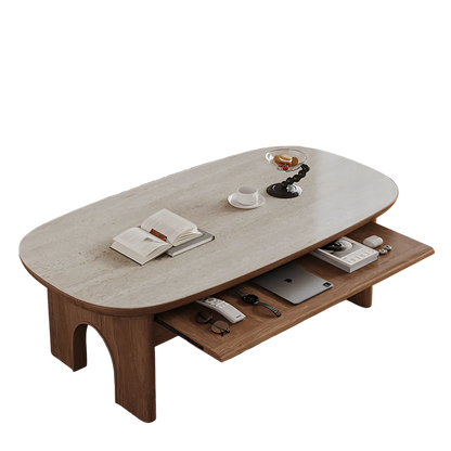 saito coffee table with storage, wood, oval coffee table in living room