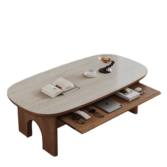 saito coffee table with storage, wood, oval coffee table in living room
