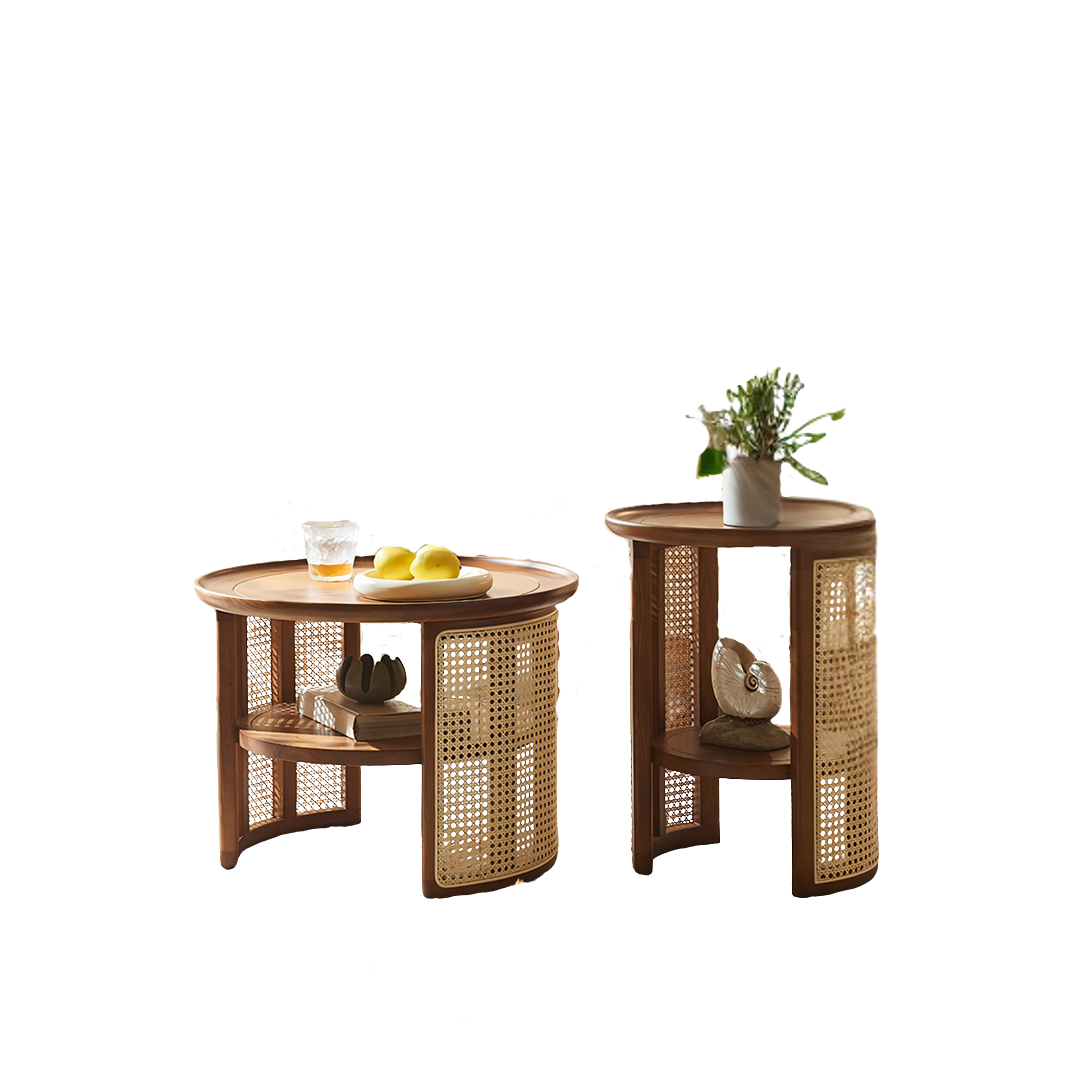 bakula wood coffee table, rattan coffee table in living room