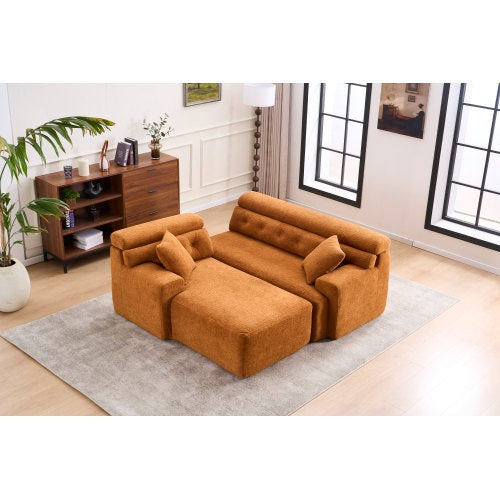 LY-029B WHITE COMPRESSION SOFA Combining Chaise Lounge With 3-seater  Wood Grain Chenille Fabric, Full Sponge Compression Sofa,combined Sofa With 2 Pillows For Living Home Furniture
