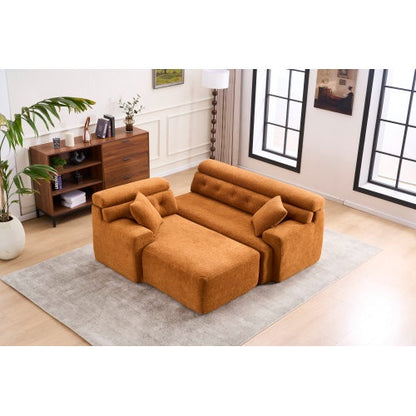 LY-029B WHITE COMPRESSION SOFA Combining Chaise Lounge With 3-seater  Wood Grain Chenille Fabric, Full Sponge Compression Sofa,combined Sofa With 2 Pillows For Living Home Furniture