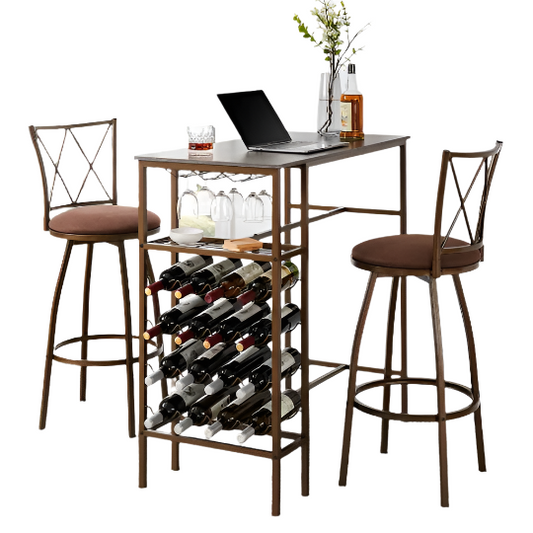 3-Piece Bar Steels Kitchen Dining Room Table Set Retro Brown Bar Chair For Dining Room
