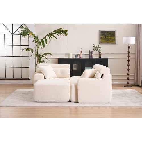 LY-029B WHITE COMPRESSION SOFA Combining Chaise Lounge With 3-seater  Wood Grain Chenille Fabric, Full Sponge Compression Sofa,combined Sofa With 2 Pillows For Living Home Furniture