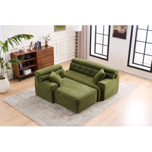LY-029B WHITE COMPRESSION SOFA Combining Chaise Lounge With 3-seater  Wood Grain Chenille Fabric, Full Sponge Compression Sofa,combined Sofa With 2 Pillows For Living Home Furniture