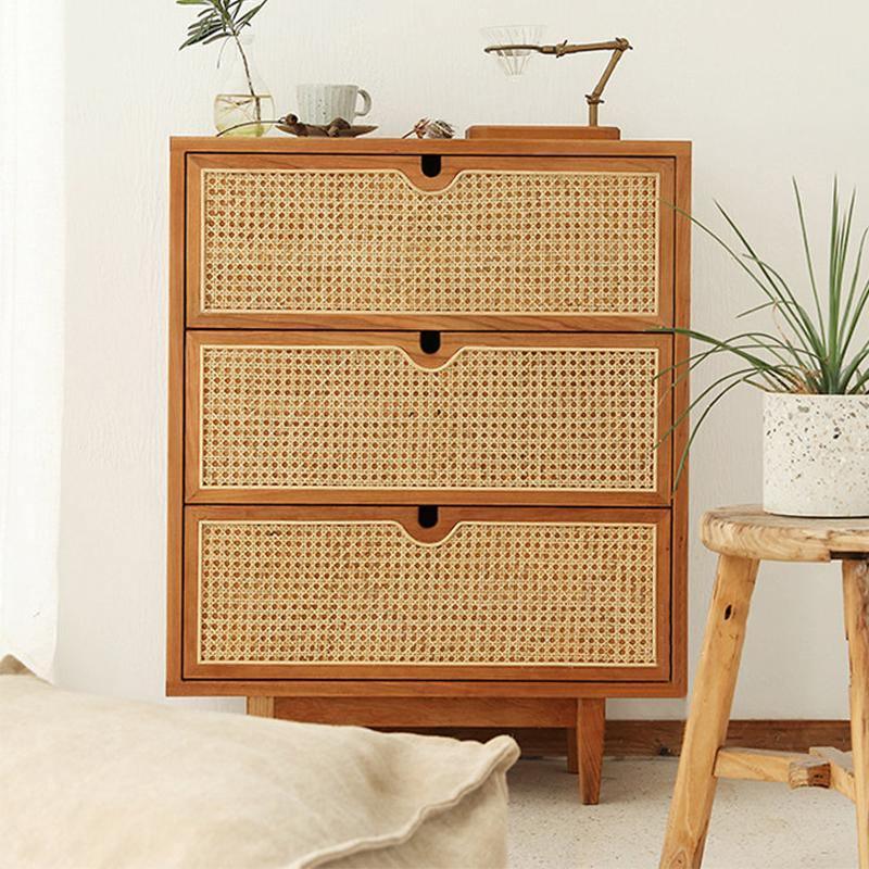 Pavia Chests Of Drawers, Natural Rattan & Oak-Weilai Concept-3 Drawers 70x40x90cm-Weilai Concept